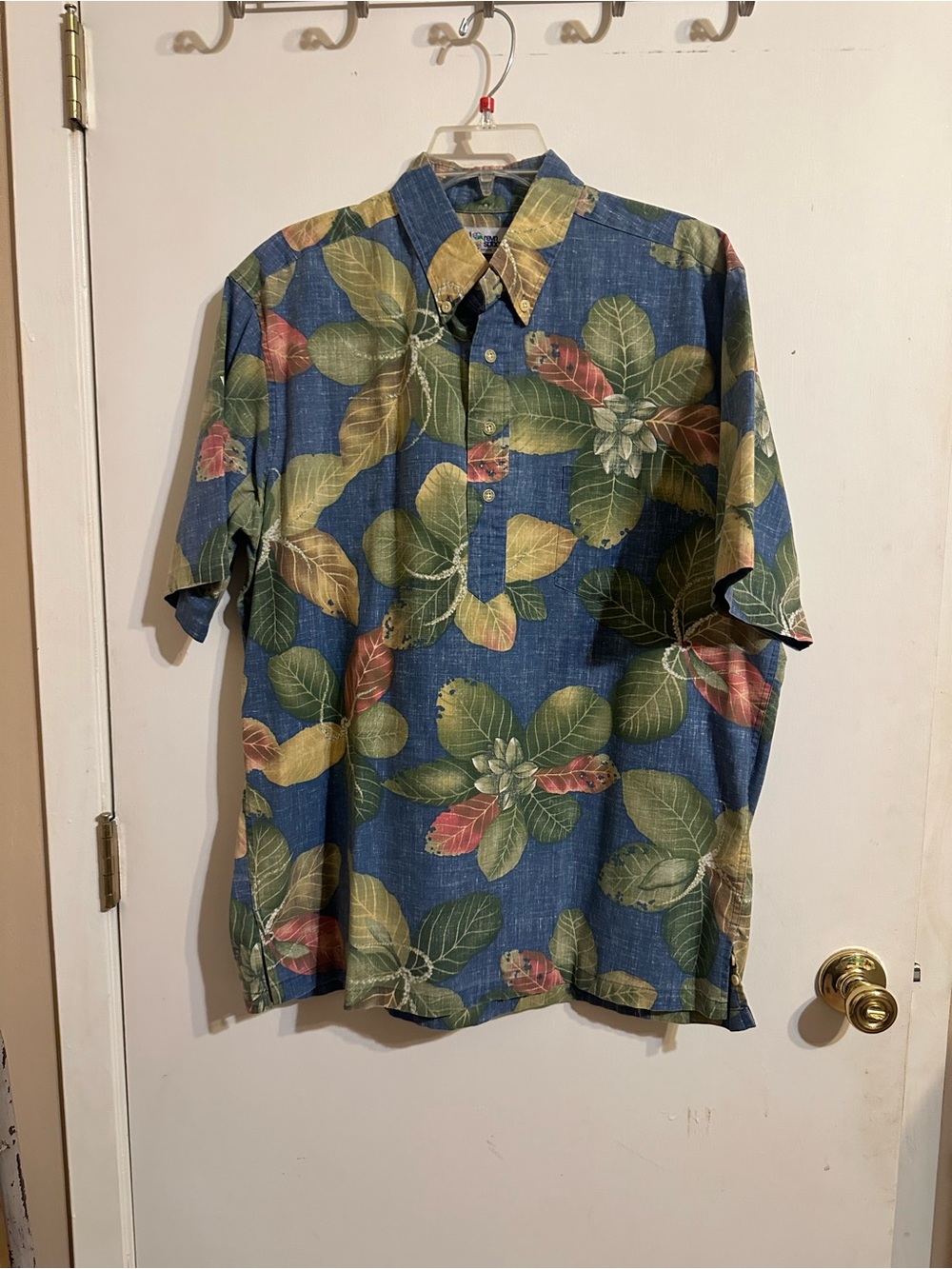 reyn spooner Blue Floral Short-Sleeve Button Down with Green and Tan Leaves